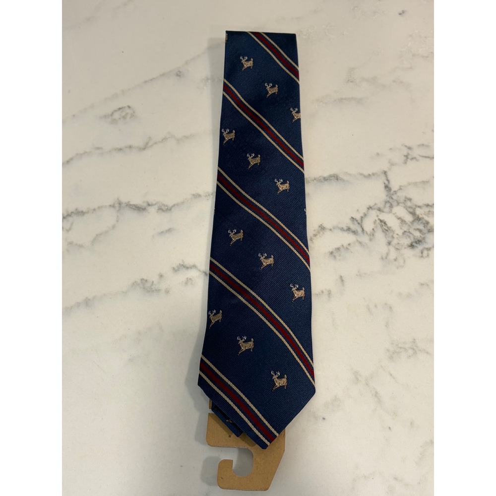 LL Bean Mens Silk Tie Navy Blue Red Gold Striped Deer Stag Motif 068G9